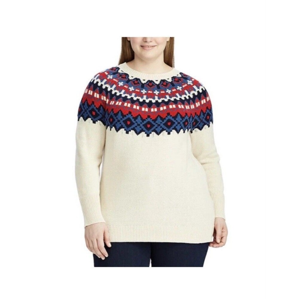Womens Chaps Andrea Fair Isle Sweater Knit Top Boatneck Long Sz XL Tribal